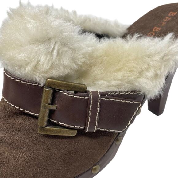 Brown Faux Suede Heeled Clogs With Faux Fur Trim Size 8.5 - Picture 5 of 12